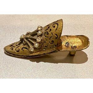 Vintage Ornate Brass Miniature Pin Cushion Shoe With Pearl & Rhinestone Accents